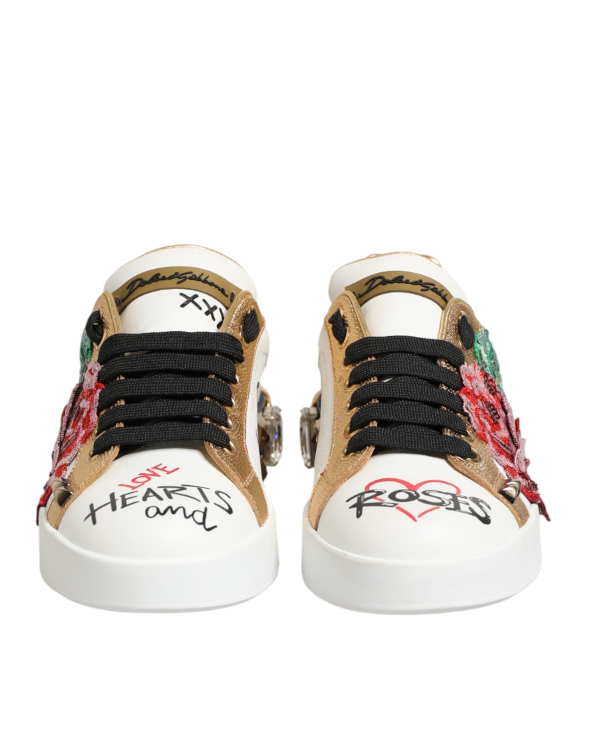 Dolce & Gabbana Weiße Leder-Sneaker mit Blumen-Applikationen und Nieten