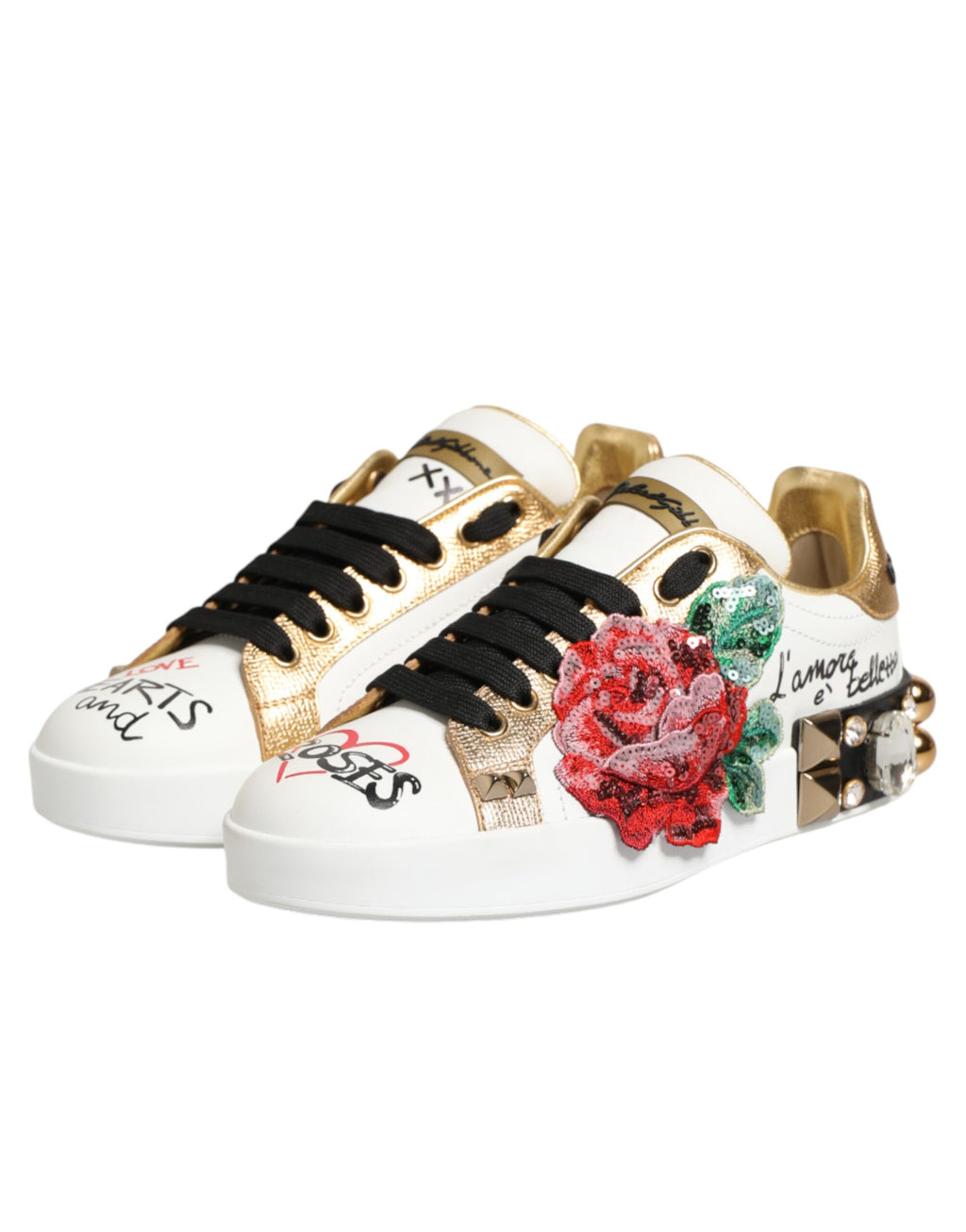 Dolce & Gabbana Weiße Leder-Sneaker mit Blumen-Applikationen und Nieten