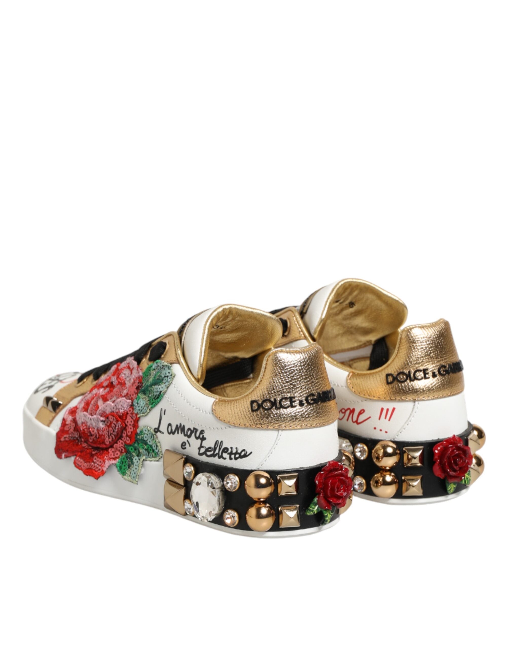 Dolce & Gabbana Weiße Leder-Sneaker mit Blumen-Applikationen und Nieten