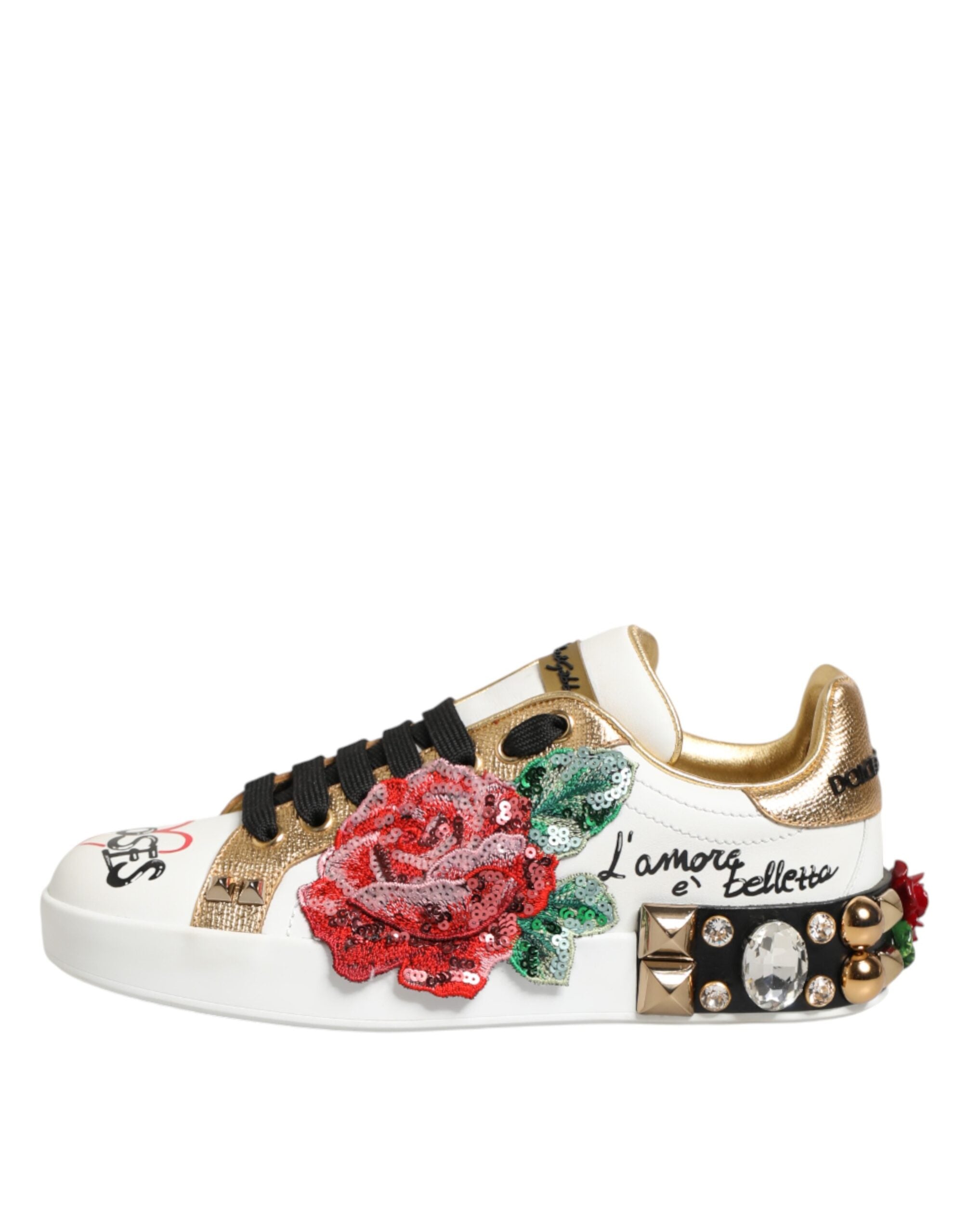 Dolce & Gabbana Weiße Leder-Sneaker mit Blumen-Applikationen und Nieten
