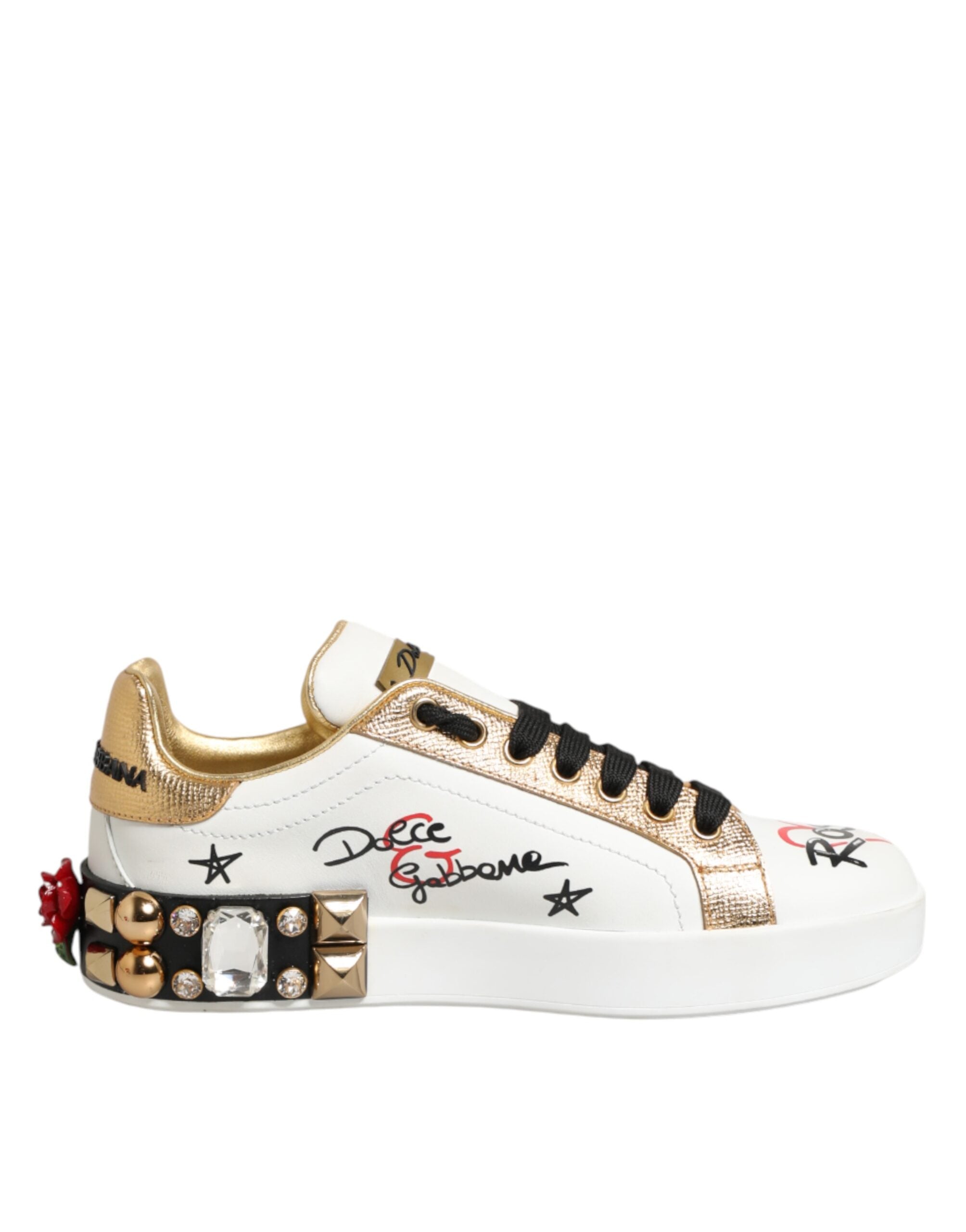Dolce & Gabbana Weiße Leder-Sneaker mit Blumen-Applikationen und Nieten