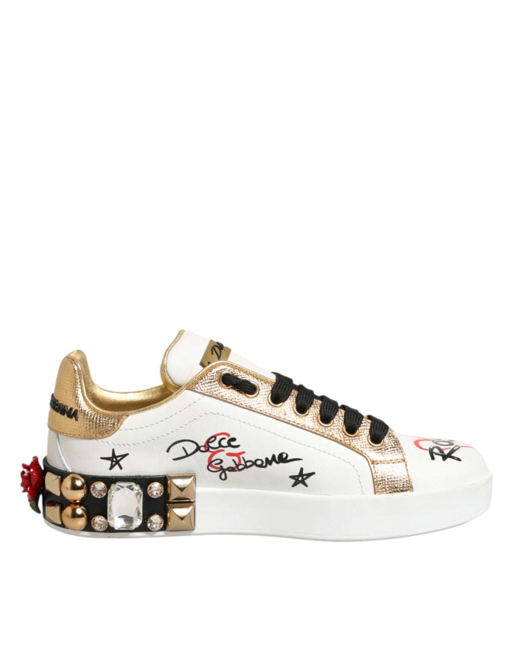 Dolce & Gabbana Weiße Leder-Sneaker mit Blumen-Applikationen und Nieten