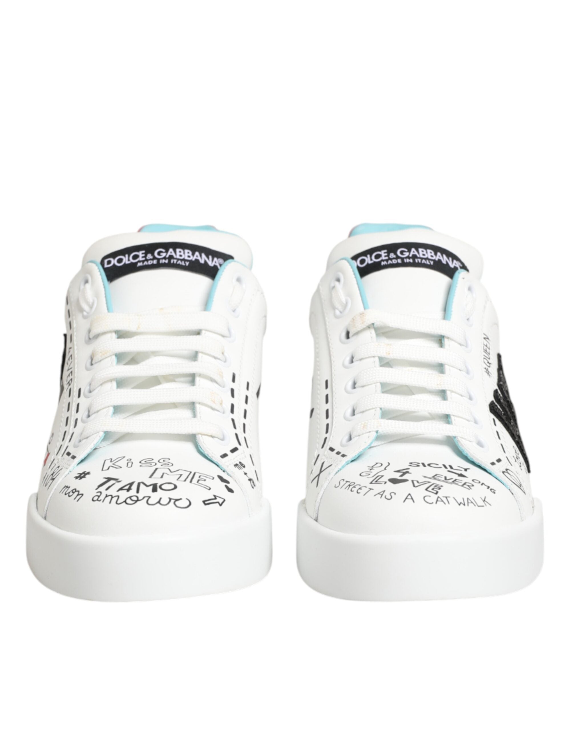 Dolce & Gabbana Weiße Leder-Sneaker mit Graffiti-Motiv
