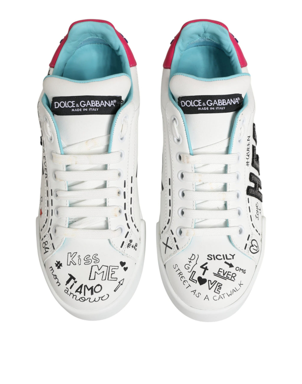 Dolce & Gabbana Weiße Leder-Sneaker mit Graffiti-Motiv