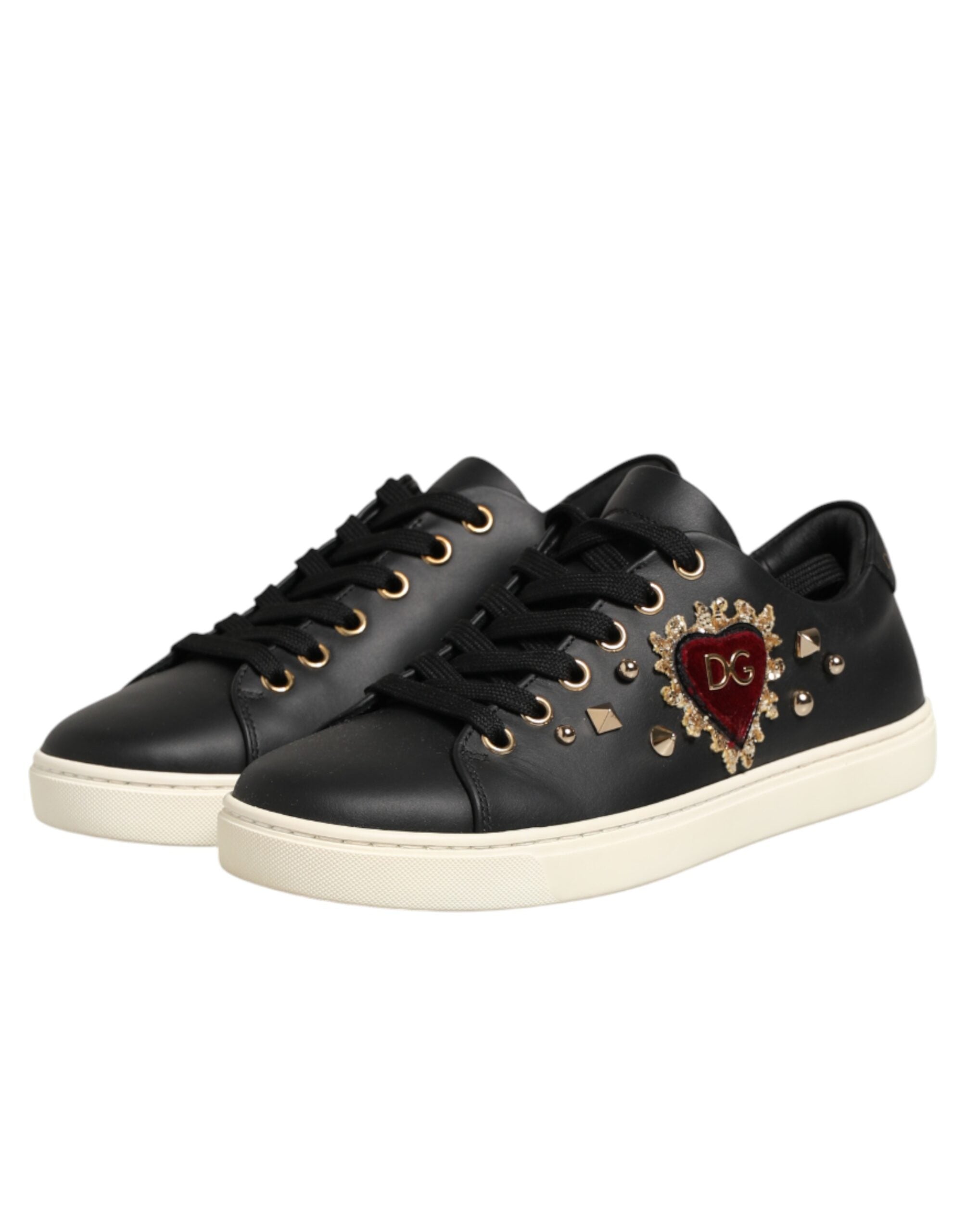 Dolce & Gabbana Schwarze Leder-Sneaker mit Sacred-Heart-Motiv