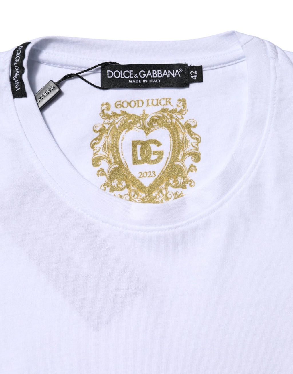 Dolce & Gabbana Weißes Baumwoll-T-Shirt Goodluck 2023 mit Rundhalsausschnitt