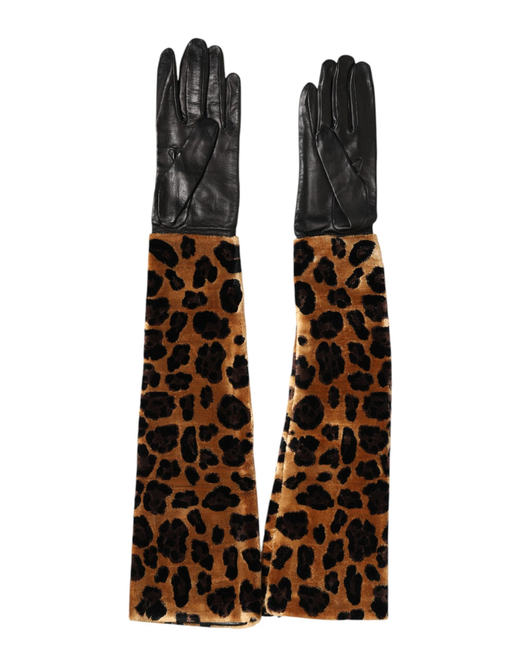 Dolce & Gabbana Braune und Schwarze Leoparden-Lederhandschuhe bis zum Ellbogen