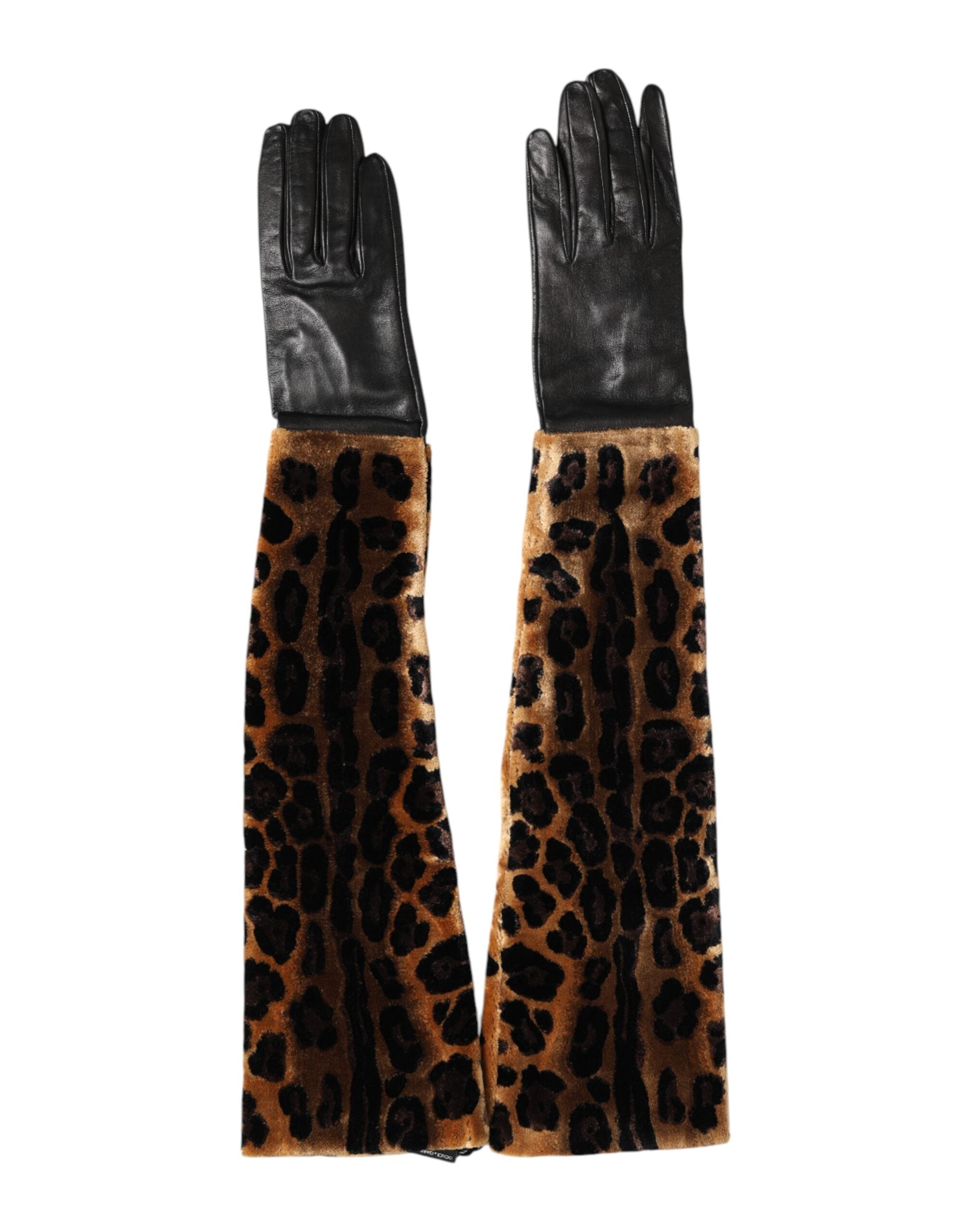 Dolce & Gabbana Braune und Schwarze Leoparden-Lederhandschuhe bis zum Ellbogen