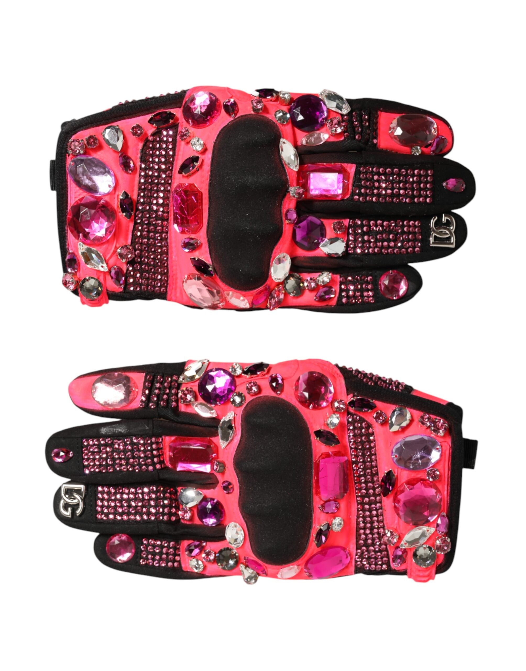 Dolce & Gabbana Schwarze Handschuhe mit pinken Kristallen, Handgelenkslänge