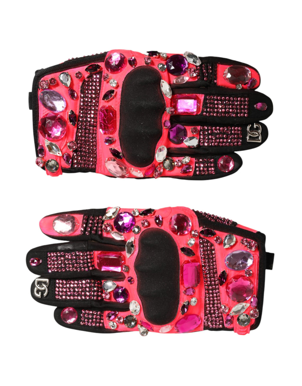 Dolce & Gabbana Schwarze Handschuhe mit pinken Kristallen, Handgelenkslänge
