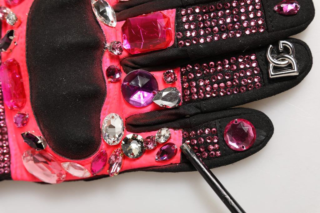 Dolce & Gabbana Schwarze Handschuhe mit pinken Kristallen, Handgelenkslänge
