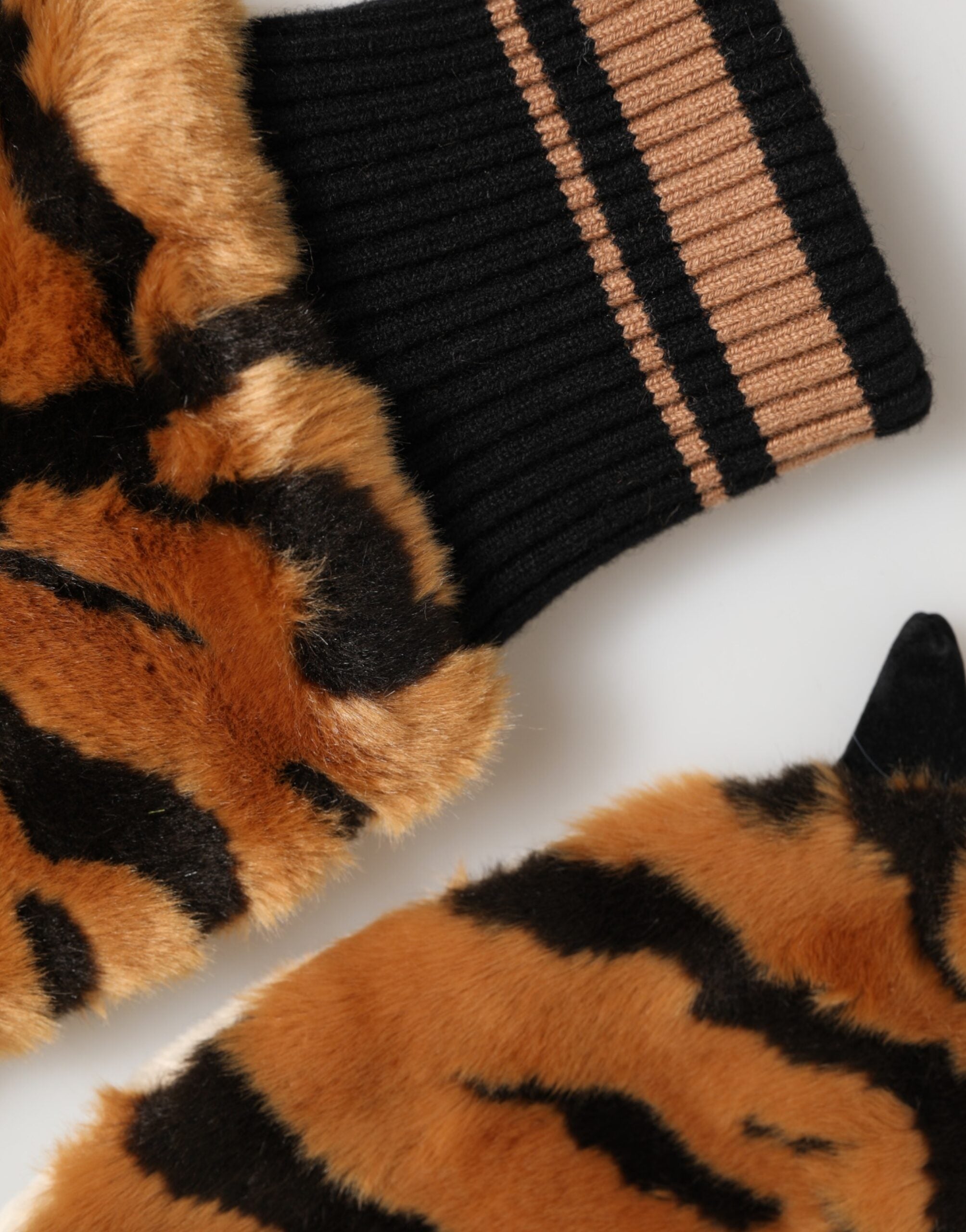 Dolce & Gabbana Braune Tiger-Strickhandschuhe mit Fellmanschette, Einheitsgröße