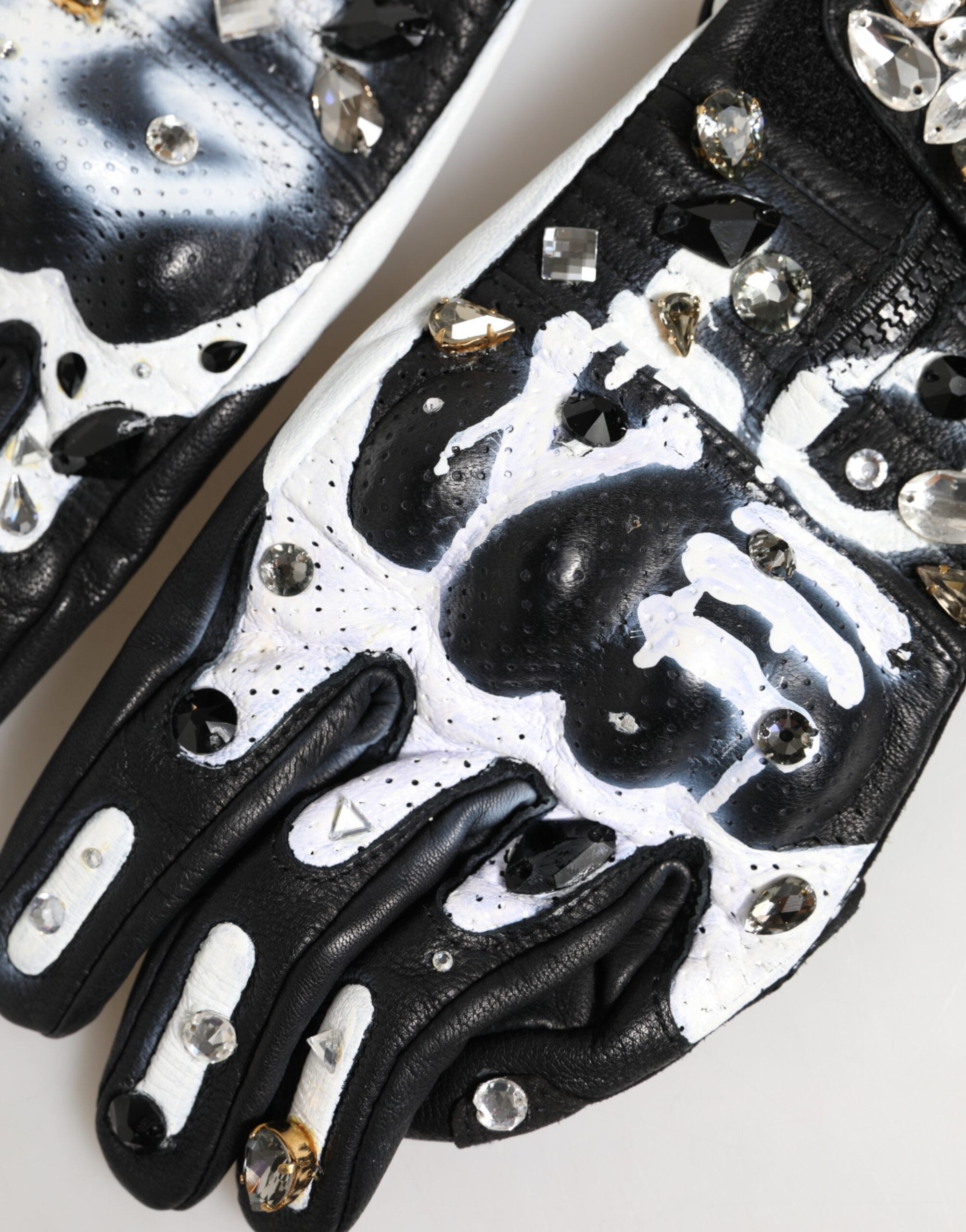 Dolce & Gabbana Handschuhe Schwarz Weiß Kristall Handgelenk Länge Fäustlinge