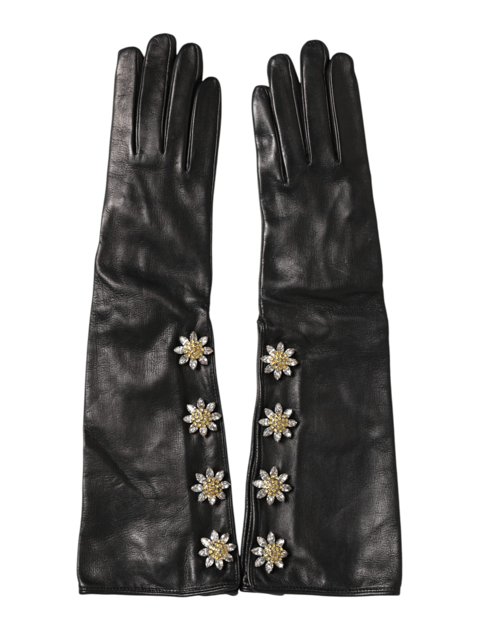 Dolce & Gabbana Schwarze Lange Handschuhe aus Leder mit Verzierungen