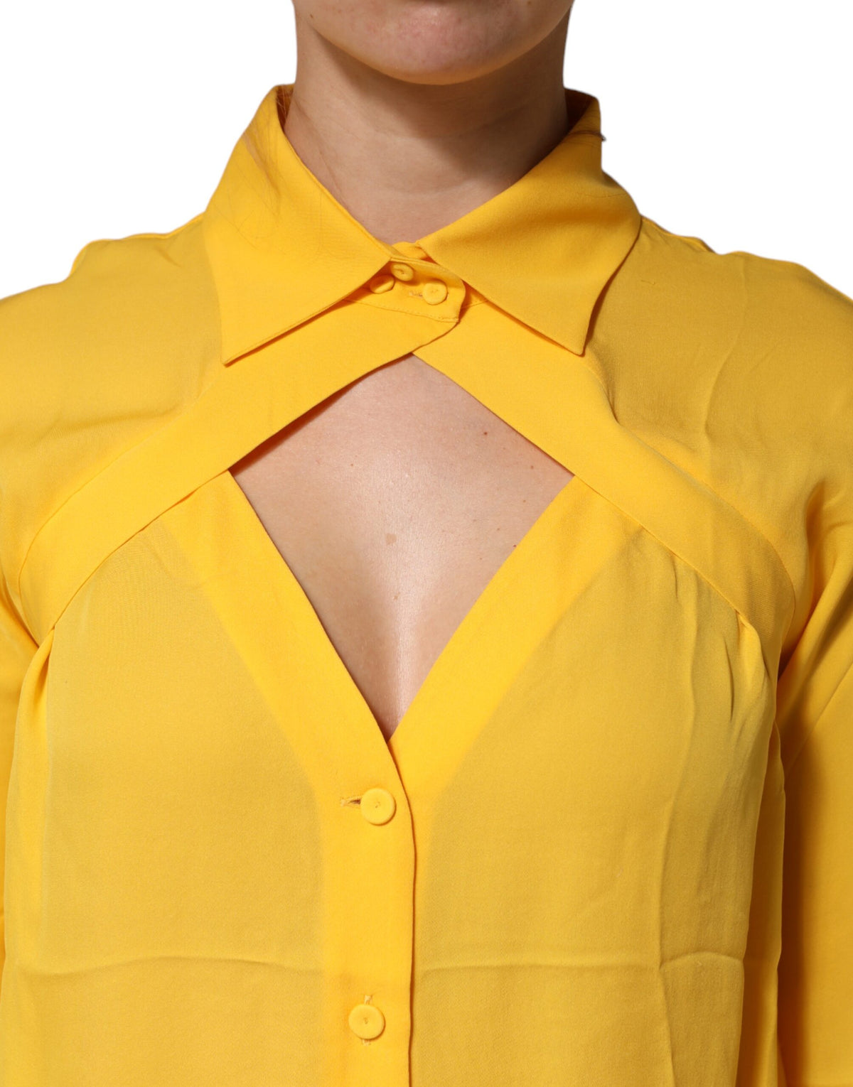 Moschino Couture Gele Zijden Top met Kraag en Lange Mouwen