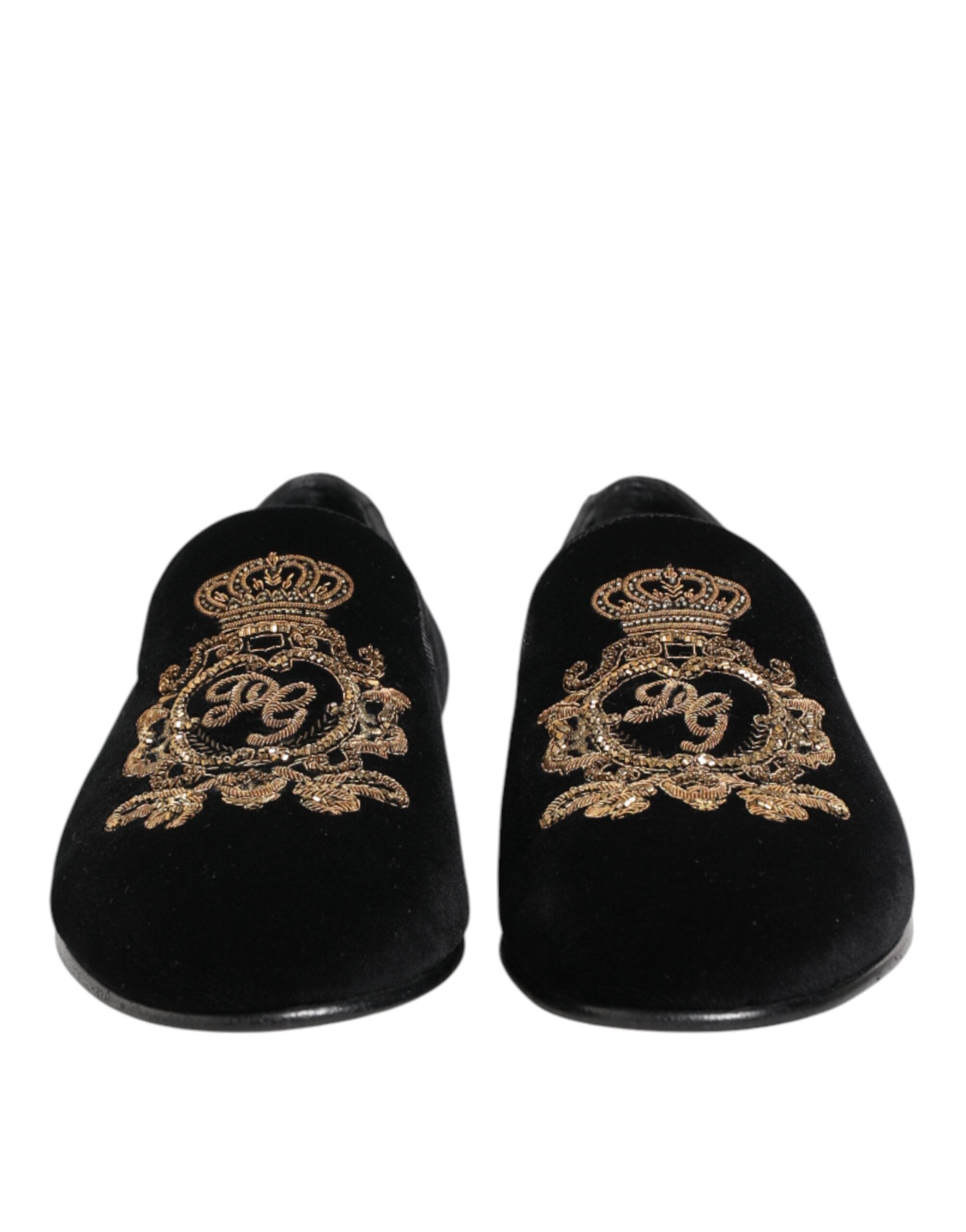 Dolce & Gabbana Schwarze Samt-Goldkrone Herren-Loafer