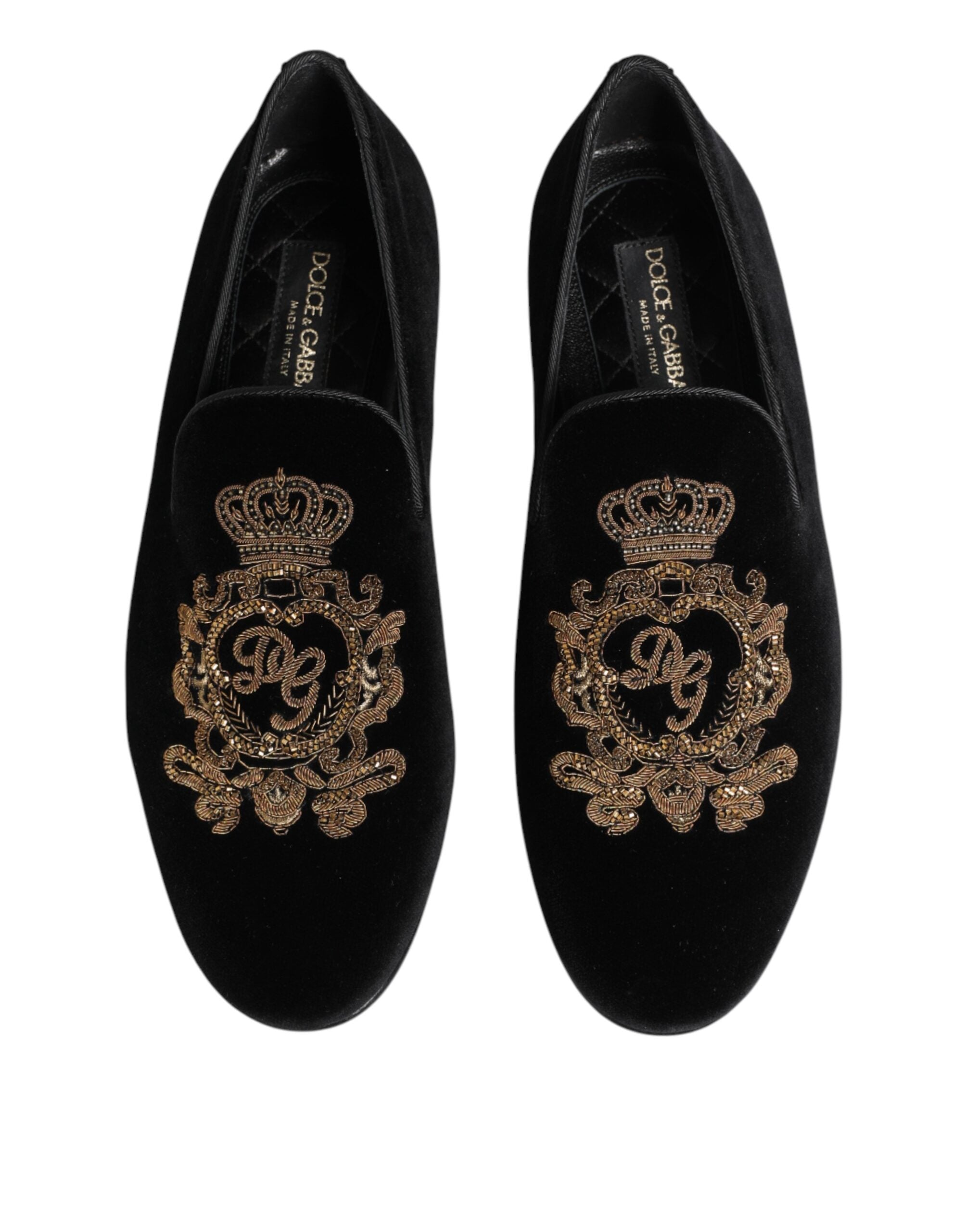 Dolce & Gabbana Schwarze Samt-Goldkrone Herren-Loafer