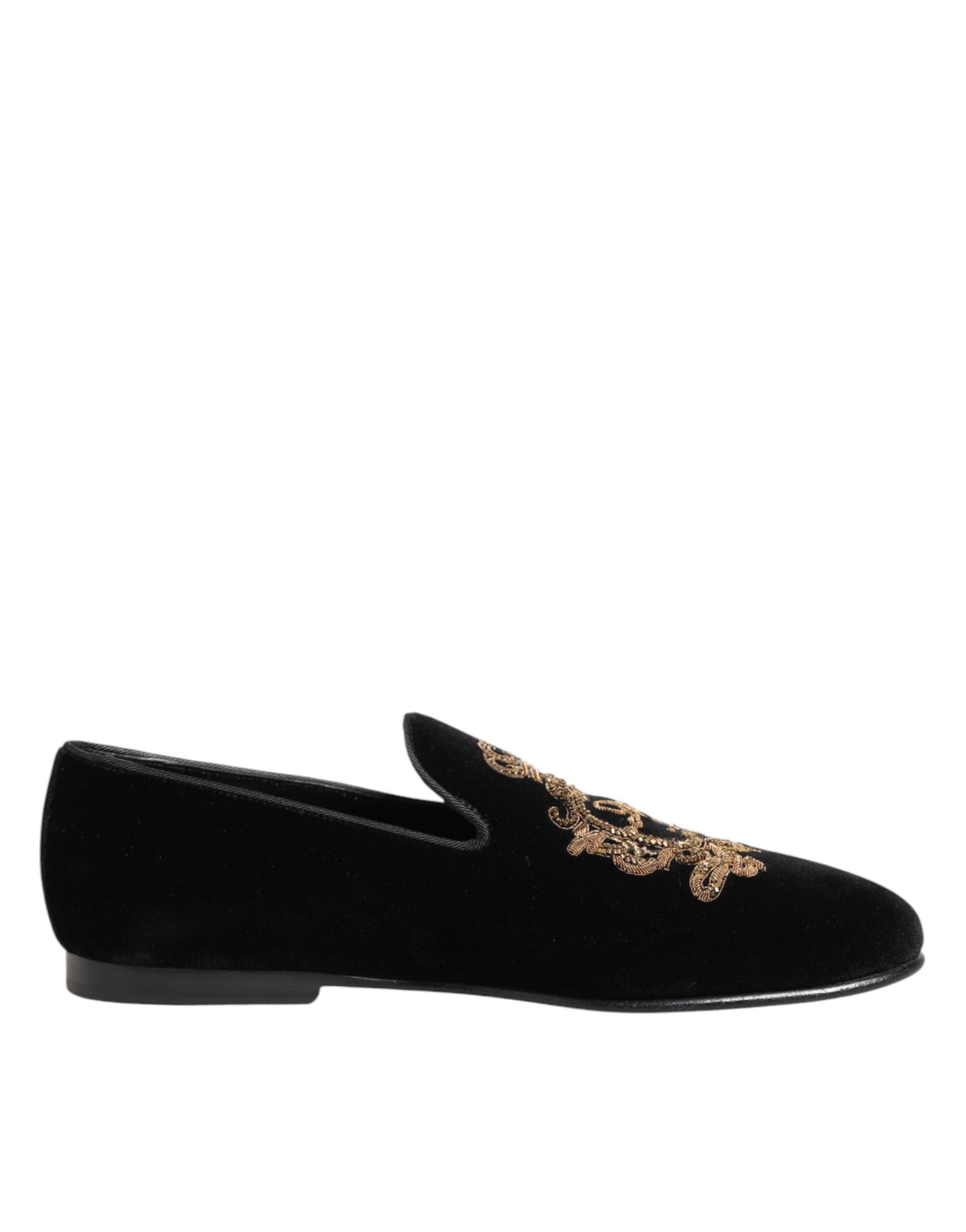 Dolce & Gabbana Schwarze Samt-Goldkrone Herren-Loafer