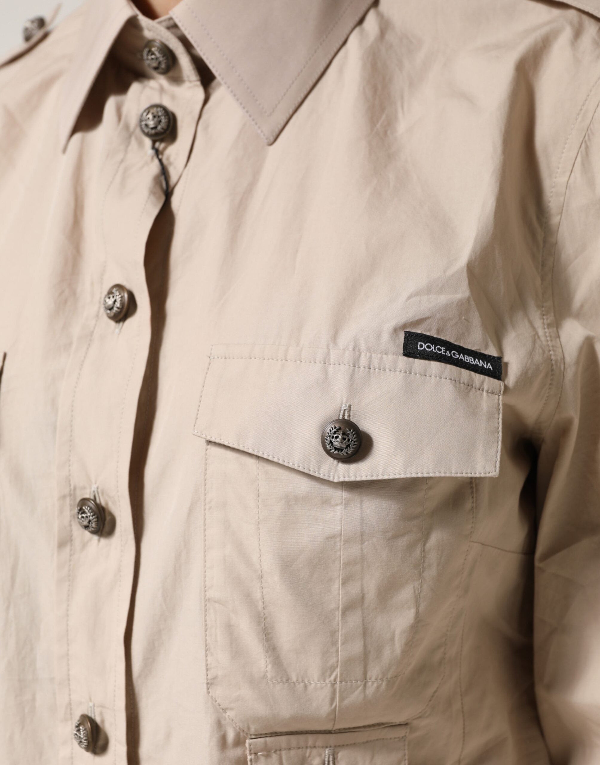 Dolce & Gabbana Beigefarbenes Langarm-Baumwollhemd mit Kragen