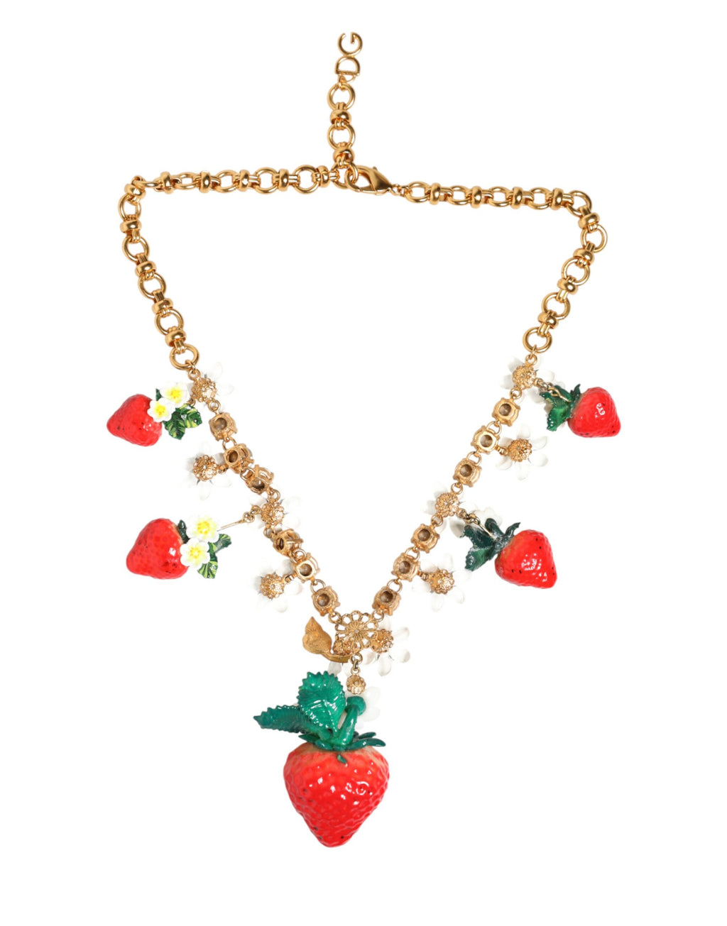 Dolce & Gabbana Goldene Messing-Halskette mit Obst- und Blumenanhängern und Kristalllogo