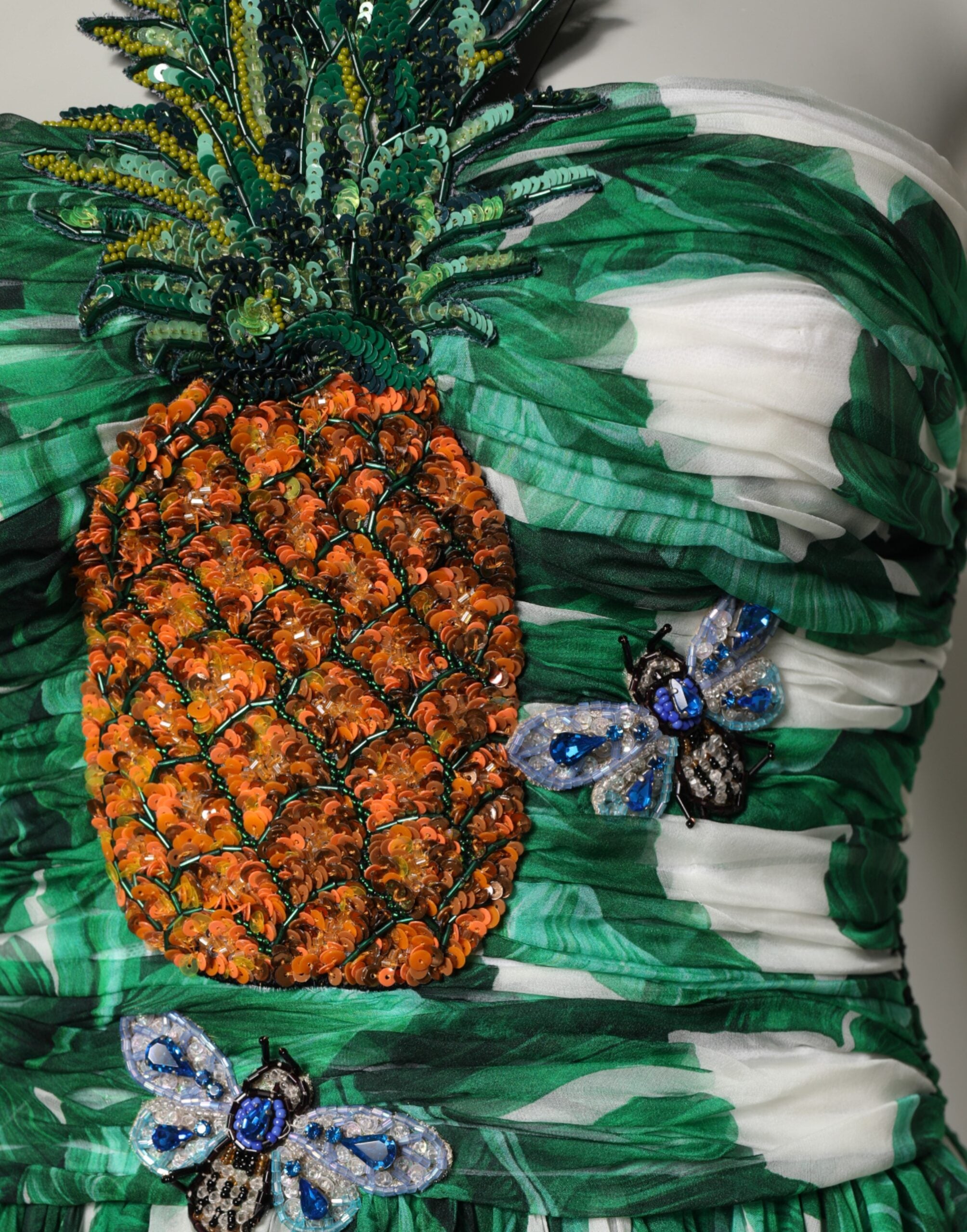 Dolce & Gabbana Grünes Ananas-Detail-Kleid mit Bananenblatt-Print