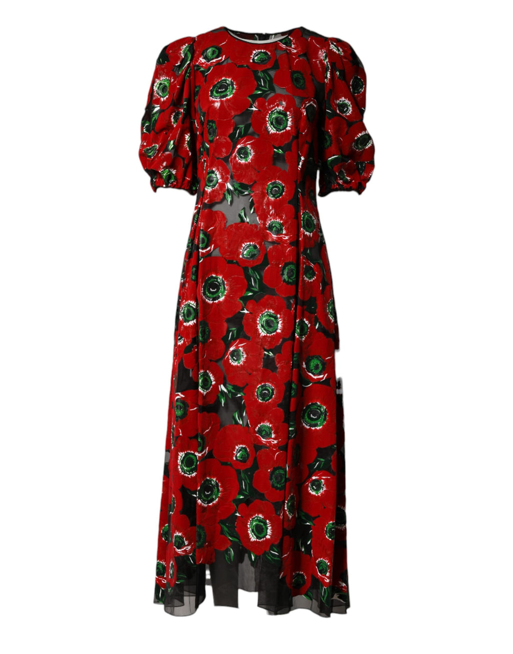 Dolce & Gabbana Rotes Midi-Kleid aus Nylon mit floralem Print und A-Linien-Schnitt