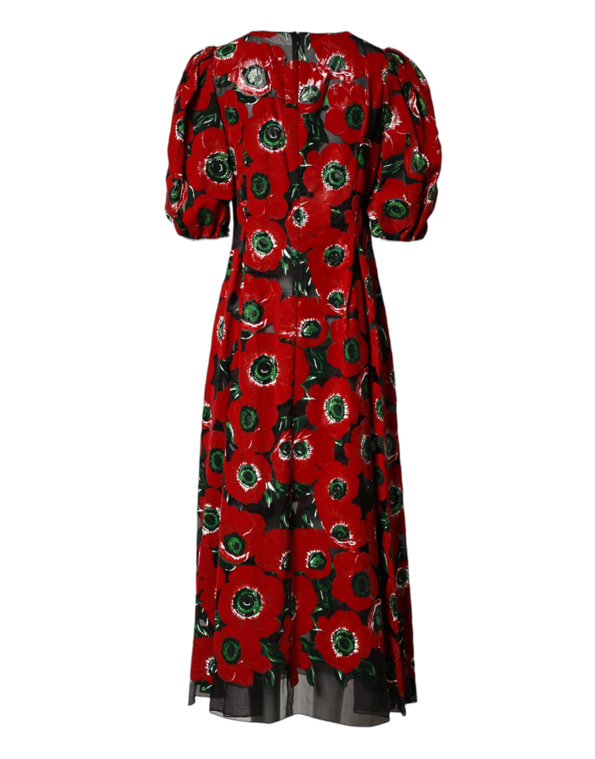 Dolce & Gabbana Rotes Midi-Kleid aus Nylon mit floralem Print und A-Linien-Schnitt