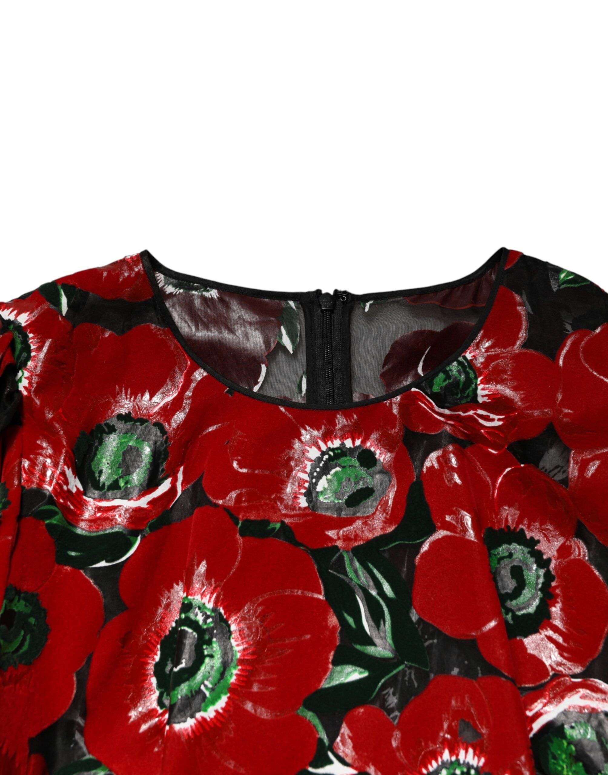 Dolce & Gabbana Rotes Midi-Kleid aus Nylon mit floralem Print und A-Linien-Schnitt