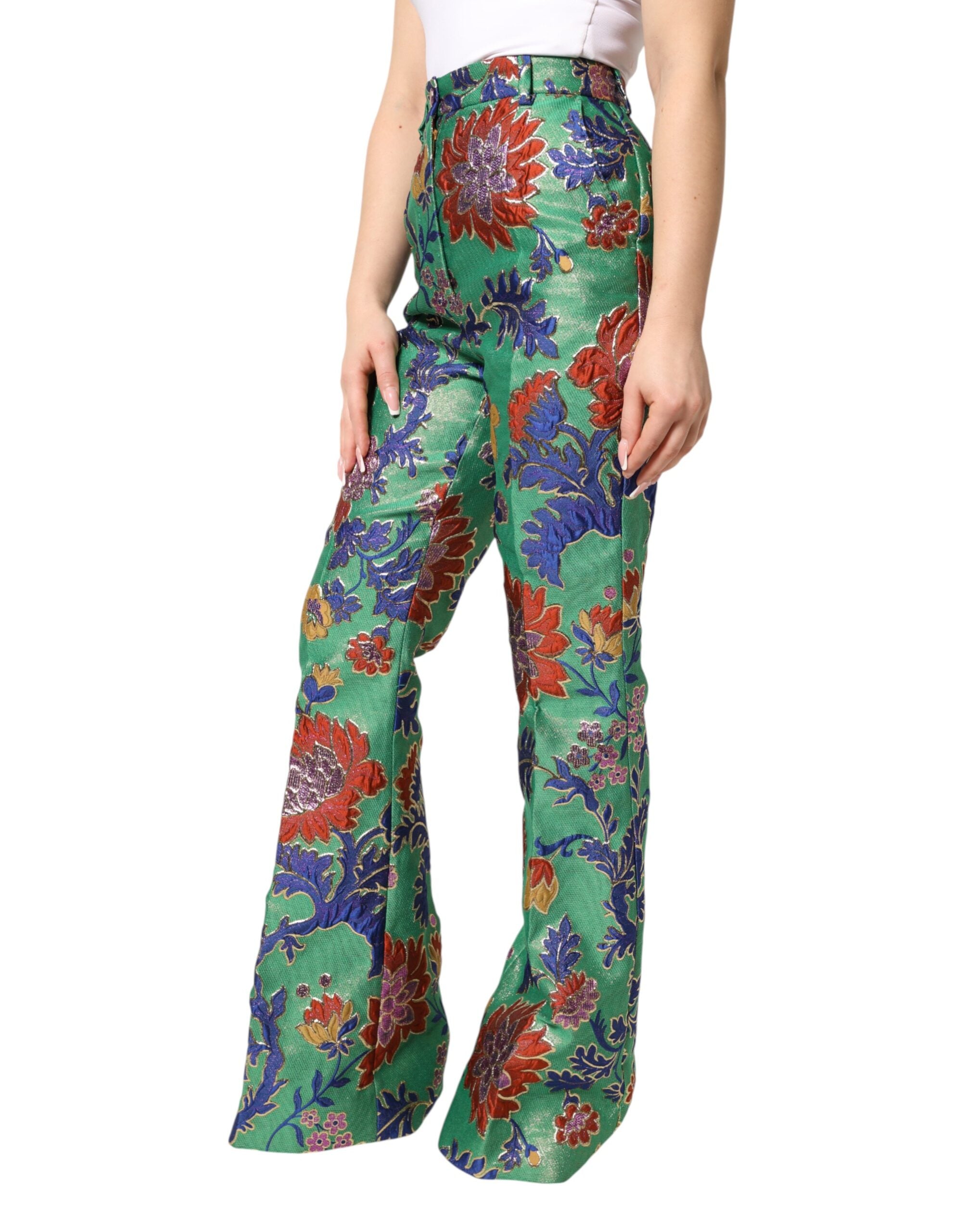 Dolce & Gabbana Grüne Bootcut-Hose mit Blumenmuster aus Polyester