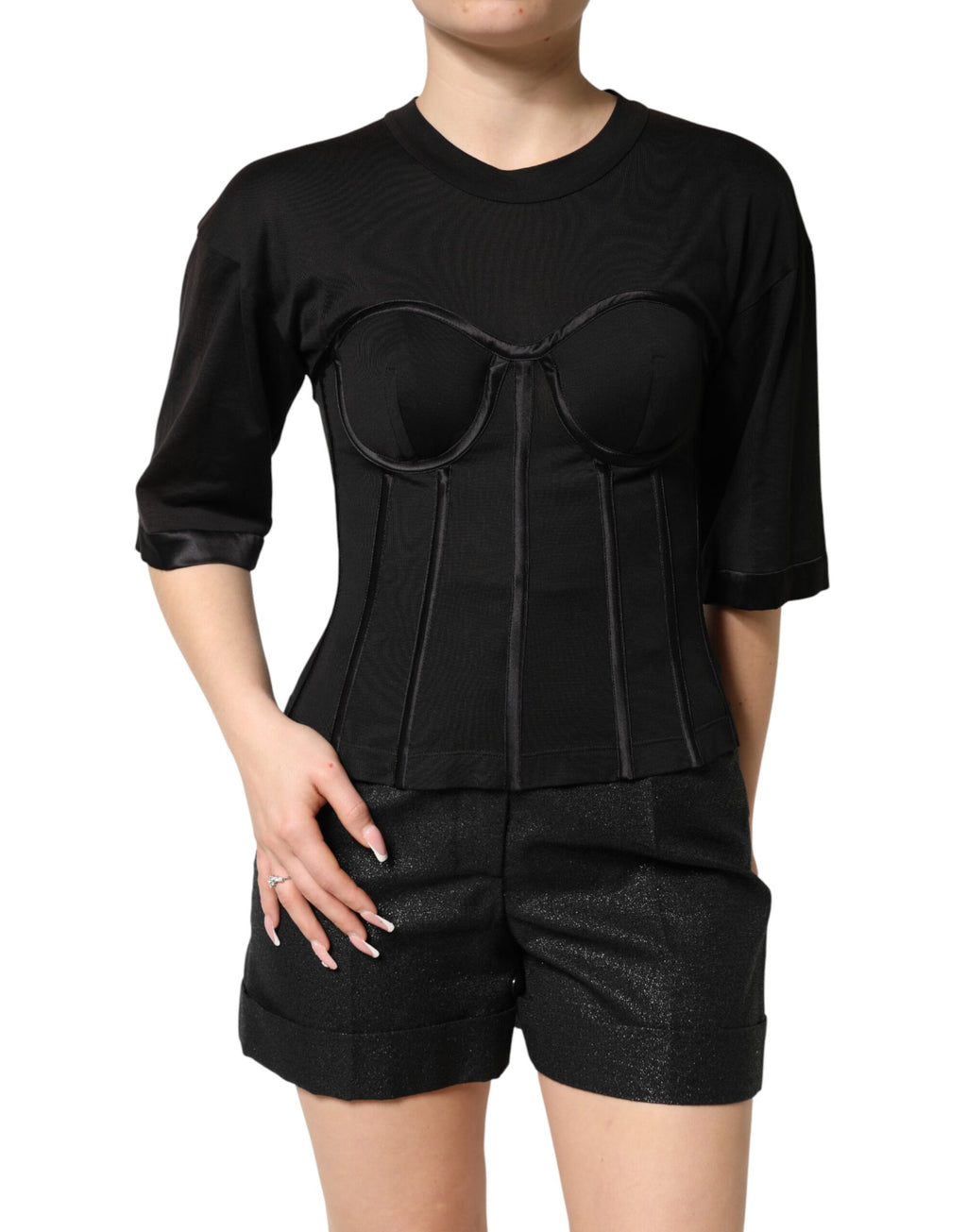 Dolce & Gabbana Schwarzes Baumwoll-Korsett-Bustier-T-Shirt mit kurzen Ärmeln