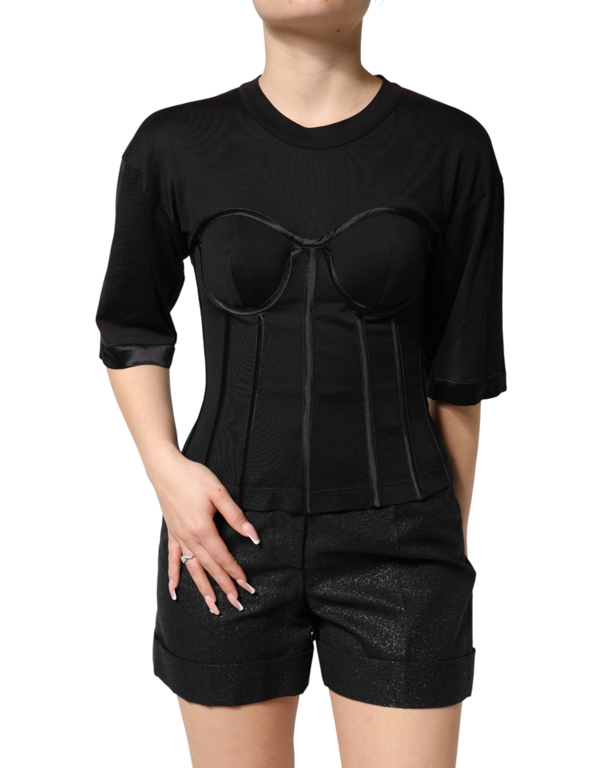 Dolce & Gabbana Schwarzes Baumwoll-Korsett-Bustier-T-Shirt mit kurzen Ärmeln
