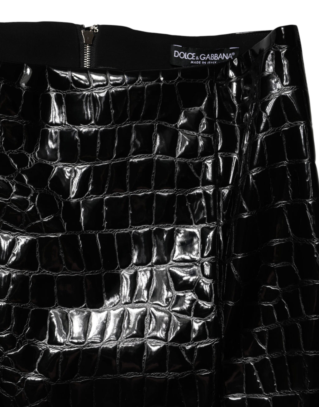 Dolce & Gabbana Schwarzer Midirock aus Kroko-Kunstleder mit Miditaillie