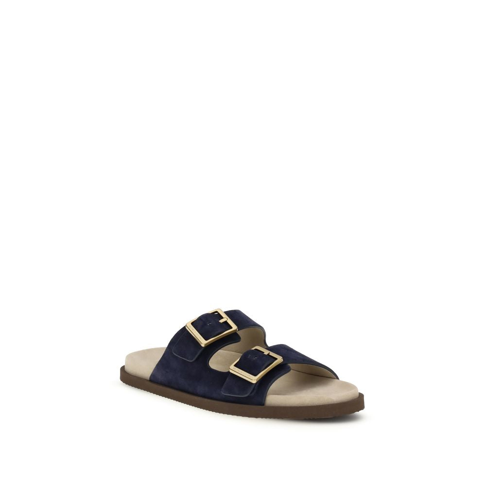 Brunello Cucinelli Black Calf Leather Bos Taurus Flat Sandals