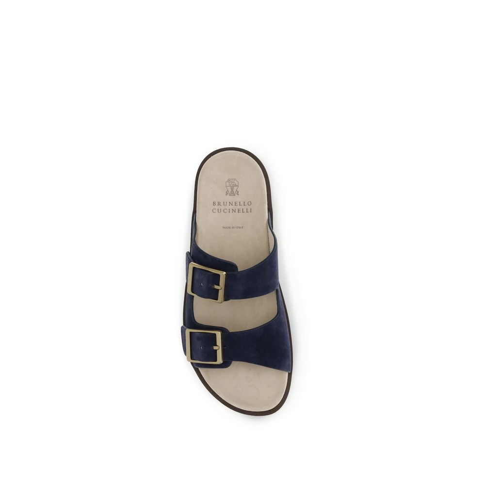 Brunello Cucinelli Black Calf Leather Bos Taurus Flat Sandals