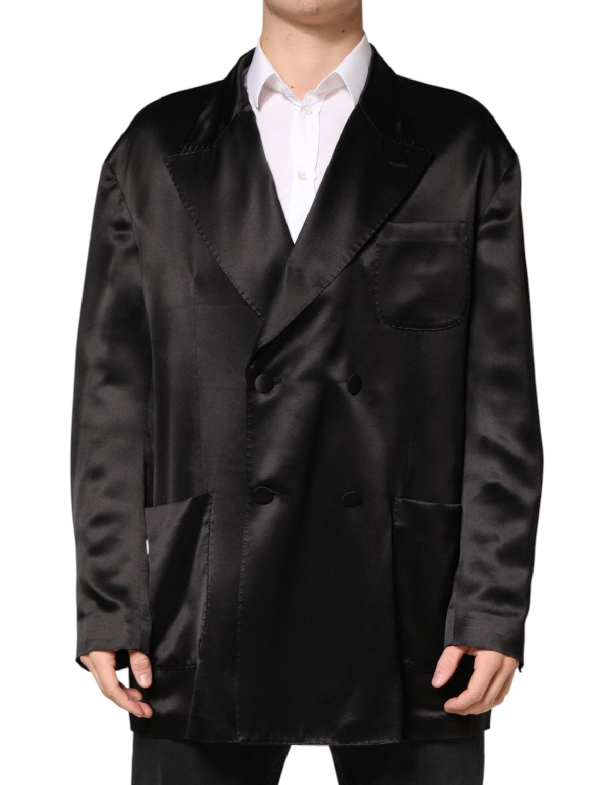 Dolce & Gabbana Zwarte Zijden Double-Breasted Blazer met 2 Knopen
