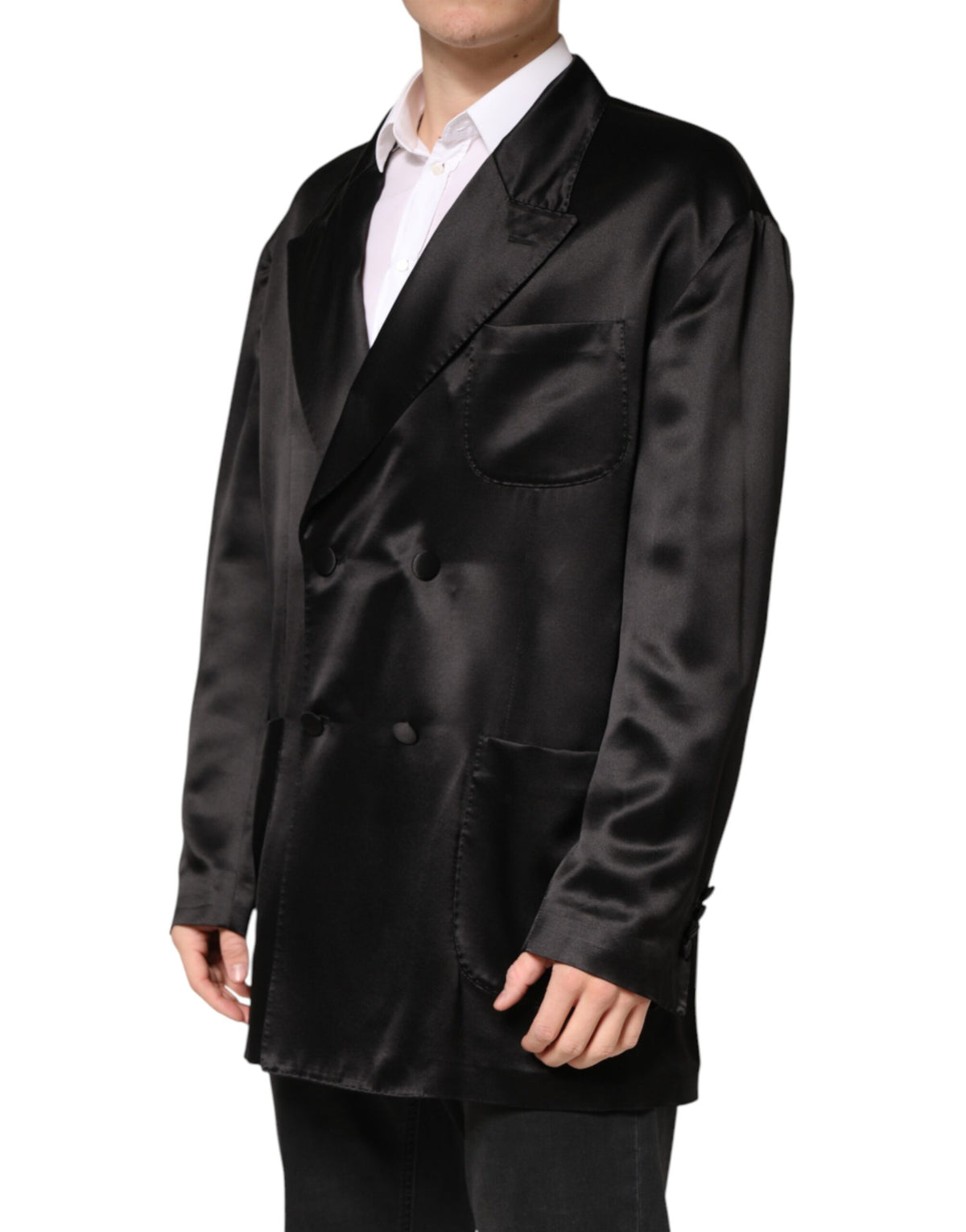 Dolce & Gabbana Zwarte Zijden Double-Breasted Blazer met 2 Knopen